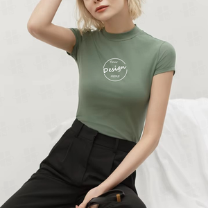 Maglietta estiva nuova T-shirt da <span class=keywords><strong>donna</strong></span> in <span class=keywords><strong>cotone</strong></span> lavorato a maglia mezza <span class=keywords><strong>dolcevita</strong></span> a maniche corte abbigliamento da <span class=keywords><strong>donna</strong></span> O collo T-shirt da <span class=keywords><strong>donna</strong></span> - Product Image 3