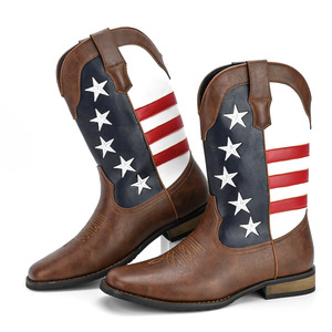 Bottes de cowboy western, bottines à bout pointu, talon plat, tendance mode, design à rayures imprimées, style masculin - Product Image 1