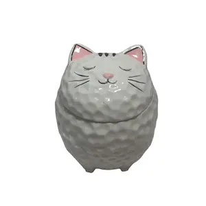 Ceramic Feline White Fat Cat With Giant Fish Belly Cookie Jar 7.25"Tall