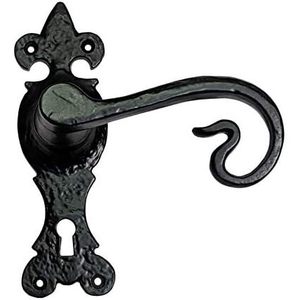 Poignée de porte traditionnelle en fonte noire avec plaque et trou pour clé, design ambidextre, installation facile - Coshik Exports - Product Image 1