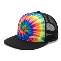 Topi Trucker 5 Panel Tie Dye Pelangi Custom, Dapat Disesuaikan, Grosir, Cetak Sublimasi, Pinggiran Datar, Jaring, Unisex, Hippie, Snapback