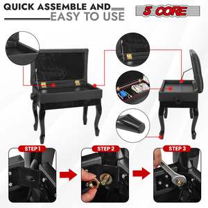 Banco de Piano de Madera con Altura Ajustable, Estilo Clásico, Negro, con Espacio de Almacenamiento, Taburete para Tocar el Teclado - Product Image 5
