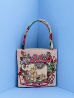 Sac fourre-tout en toile jacquard double face style ethnique vintage, motif petit canard, broderie fil doré, réversible, style bohème, tissé décontracté, petit format