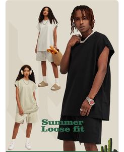 Camiseta con estampado de logotipo de algodón 100% personalizada Unisex Lisa para hombre, camiseta sin mangas transpirable de gran tamaño y conjunto corto - Product Image 4