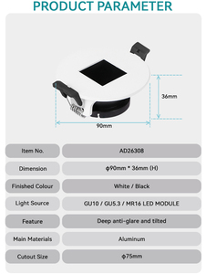 Aluminio GU10 Marco de luz descendente Arandela de pared Empotrada MR16 Carcasa de foco 75mm Marco de luz descendente LED - Product Image 5