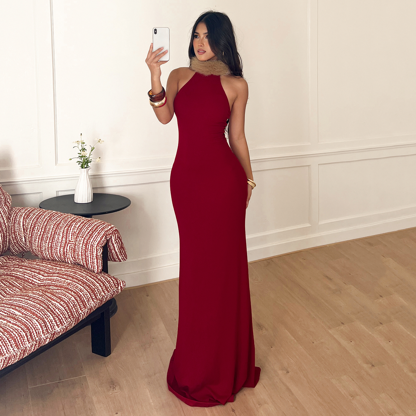 Buy In Bulk Faux Fur Trim Dress Open Back Design