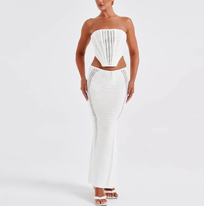 Soirée serrée Sexy gros seins robe dos nu bustier tubulaire longue hanche-couvrant tricoté jupe costume robe Sexy pour femme mature - Product Image 5