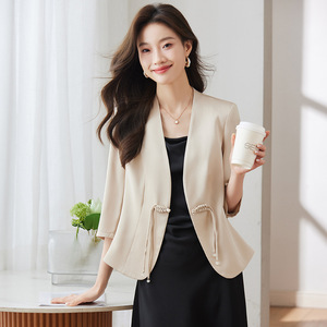 Women's Blazer Three Quarter Sleeve Solid Color Polyester Breathable Spring Summer 2024 New Chinese Style Top White Black - Product Image 2