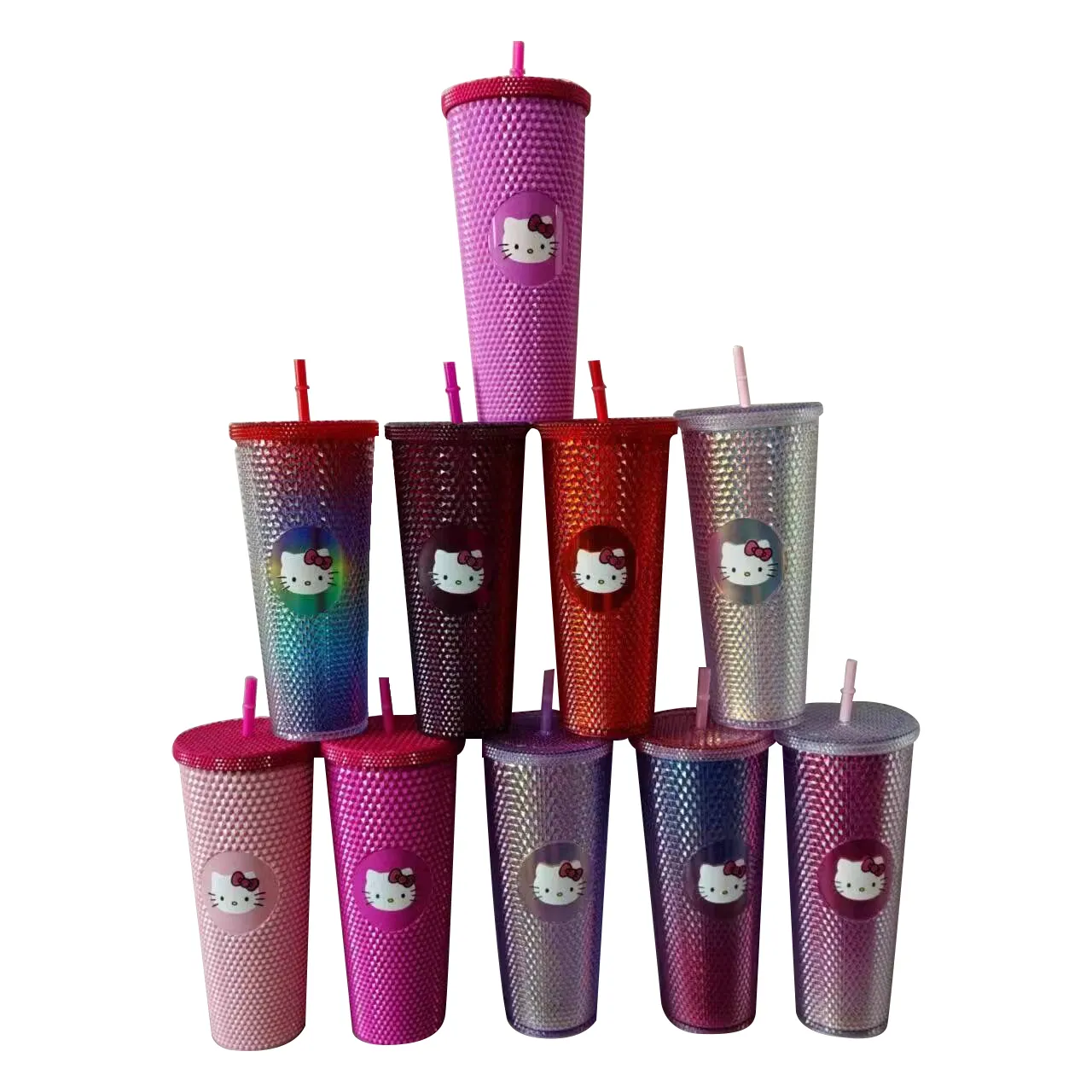 Botu New Design Hello KT 710ml Mugs Studded Tumbler Straw Coffee Cup Colorful Water Cups 24oz Plastic Custom Cartoon Tumblers