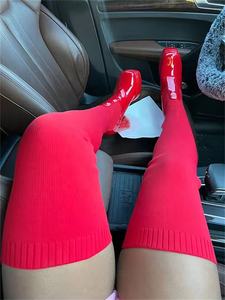 מגפי נשים אופנתיות במידות גדולות מעצבות מגפי גרב אלסטיות סרוגות מעל הברך מגפיים ארוכים שמנמנים עקב גבוה ירך מגפי נשים גבוהות - Product Image 4