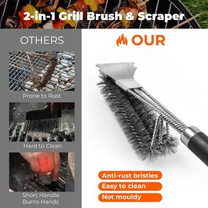 <b>BBQ</b> Grill <b>Brush</b> with Scraper &Small <b>Brush</b> Set - Stainless Steel Wire Bristles Kitchen <b>Cleaning</b> <b>Brush</b> for Barbecue Grates/Pans - Product Image 4