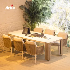 Artie Outdoor sillón y mesa de jardín conjunto moderno Hotel restaurante muebles al aire libre mesa de comedor conjunto para 6