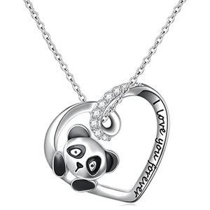 Ciondolo a Forma di Cuore con Panda in Oro Bianco, Charm Tematico Carino per Donne, Gioiello con Cristalli e Strass - Product Image 1
