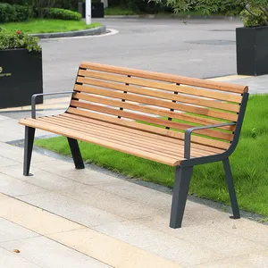 Modern Patio Outdoor Benches With Backrest Steel Park Long Bench Chair With Solid Wood Outside Waiting Seats For Street