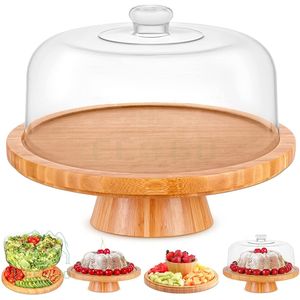 Bamboo Cake Stand, Cake Holder <b>Serving</b> <b>Platter</b>, Round Veggie Stand and Salad Bowl, Decorative Display Cake Stand with Lid - Product Image 2