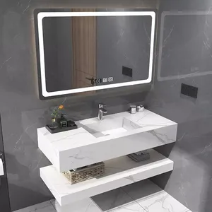 Surface solide meuble moderne suspendu comptoir lavabo à main pierre frittée vanité de salle de bain noire évier en marbre