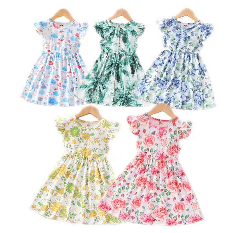 Fuyu Großhandel Baby Mädchen Fliegende Ärmel Blumendruck elegantes Party-Kleid Sommer Kinder Mode Mädchenkleid