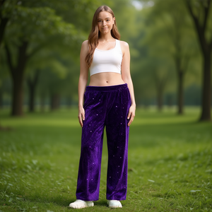 Pantalones Anchos de Terciopelo para Mujer, Cintura Alta, Largos, con Estampado de Puntos de Lentejuelas, Corte Holgado, Casuales, de Invierno, 100% Poliéster - Product Image 2