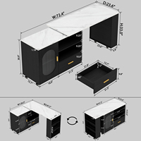 Îlot de cuisine compact avec extension pivotante, dessus blanc, porte vitrée, tiroirs de rangement, roulettes