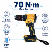 OEM/ODM - Perceuse sans fil 21V à vitesse variable, moteur sans balais, 13 mm, couple réglable sans clé, réversible, outils professionnels industriels et de bricolage
