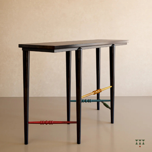Modern Dark Wooden <b>Console</b> <b>Table</b> Featuring Colorful Turned Spindle Crossbars in Red Yellow <b>Blue</b> and Green Against Neutral Wall - Product Image 3