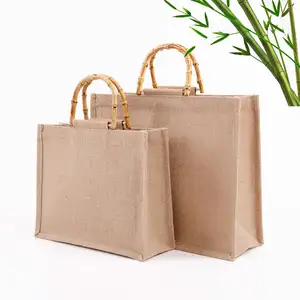 Borsa tote in juta laminata con capacità durevole in lino con logo riutilizzabile 100% per la spiaggia della spesa regalo con manico in bambù