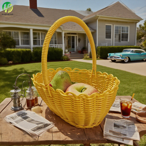 Cestas de Armazenamento Multifuncionais Ecológicas Elegantes Feitas à Mão em Plástico Rattan para Flores, Frutas e Lanches com Alça Amarela - Product Image 5