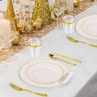 Ensemble de 175 pièces de vaisselle jetable en plastique doré à motif floral, comprenant des assiettes à salade/dessert, des gobelets de 9 oz, des fourchettes, des couteaux et des cuillères, pour mariages