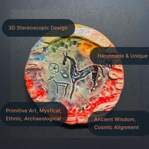 Aimant de réfrigérateur rond en argile fait main Sun Chaser, motif art rocheux, Talisman de la Voie de la Soie Ancienne pour la Manifestation et l'Énergie Positive. - Product Image 2