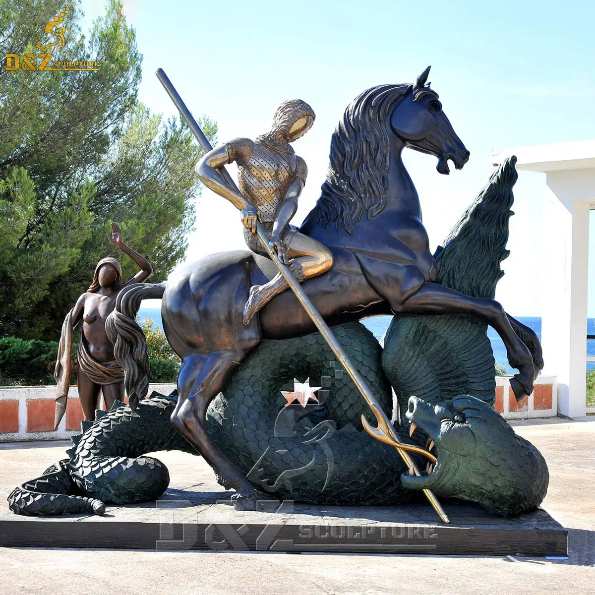 Lebensgroßer Bronzeguss römischer Heiliger George, der den Drachens kulptur mann tötet, der Pferdes tatue reitet