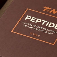 Boîte rigide personnalisée en carton brun chocolat avec couvercle et base pour flacons de peptides, avec impression offset et logo estampé à chaud