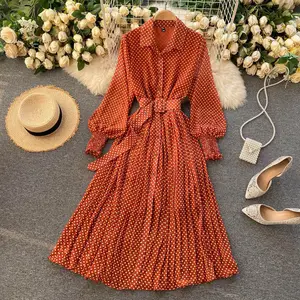 R30984S Gaun Maxi Vintage Perancis Musim Semi dan Musim Panas 2022 Sundress Wanita Lengan Panjang Gaun Lipit Sifon Polka Dot Oranye