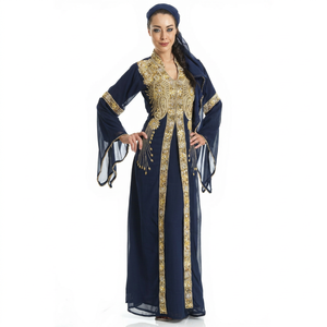 Abaya pour femme bleu marine brodée en organza de polyester, longueur ras du sol, col cœur, manches longues, style modeste du Moyen-Orient, pour mariage - Product Image 1