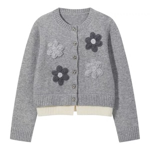 Women's Gray 3D Floral Knit <b>Cardigan</b> Loose Fit Single Breasted Color Block Design Autumn Wear - Product Image 1