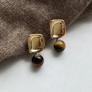 MIO Vintage 925 Silver Needle Square Earrings Fashion Jewelry Earrings Stud Tiger's Eye Stone Pendant Gold Plated Earrings