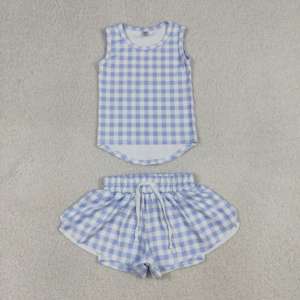 Conjunto Deportivo para Niña, Modelo GSSO3479 RTS, Estampado a Cuadros Azul Claro, Venta al Por Mayor, Ropa de Yoga para Niña, Conjunto Deportivo de Verano sin Mangas - Product Image 1