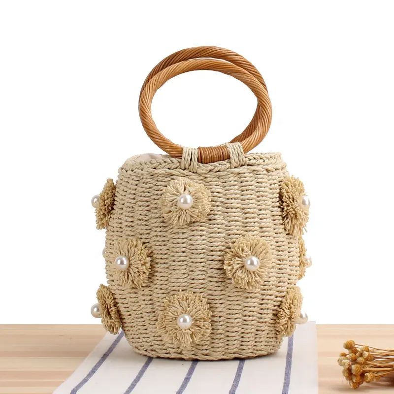 Crochet Macrame Crochet Tote Bag Tas Jerami dengan Pegangan Bambu Tas Serut Bunga