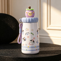 Bouteille d'eau isotherme à double paroi en acier inoxydable, motif dessin animé mignon, avec paille et cordon, idéale pour les enfants et les cadeaux scolaires