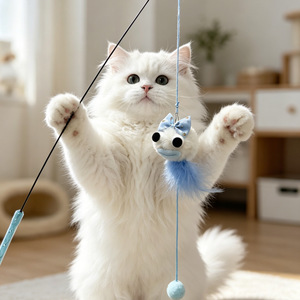 Ali Cat Teaser Wand Blue Dorky Fish Feather Toy Boredom Buster Juguete interactivo para mascotas con varilla larga resistente a mordeduras - Product Image 4