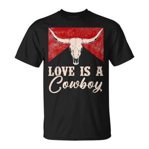 Love Is A Cowboy Western <b>Bull</b> <b>Skull</b> Retro T-Shirt Black Unisex Adult Size - Product Image 1