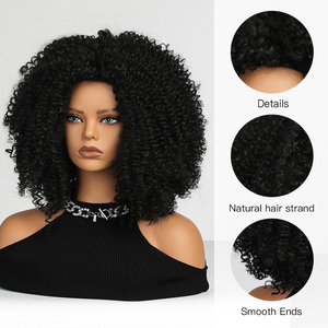 Perruque noire <span class=keywords><strong>cheveux</strong></span> <span class=keywords><strong>mi</strong></span>-longs vague super bouclée avec <span class=keywords><strong>frange</strong></span> perruque africaine femmes fibre résistante à la chaleur mat durable photo en direct - Product Image 4