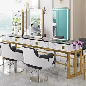 Chất Lượng Cao Vẻ Đẹp Tóc Salon Trạm Bạc Đôi Bên Phong Cách Trạm Cắt Tóc Cửa Hàng Gương Với Đèn LED