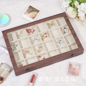 Wooden Jewelry <b>Box</b> With <b>Glass</b> Lid 34.6x23.9x5cm Divided Storage For Earrings Rings Desktop Organizer Retro Color - Product Image 2
