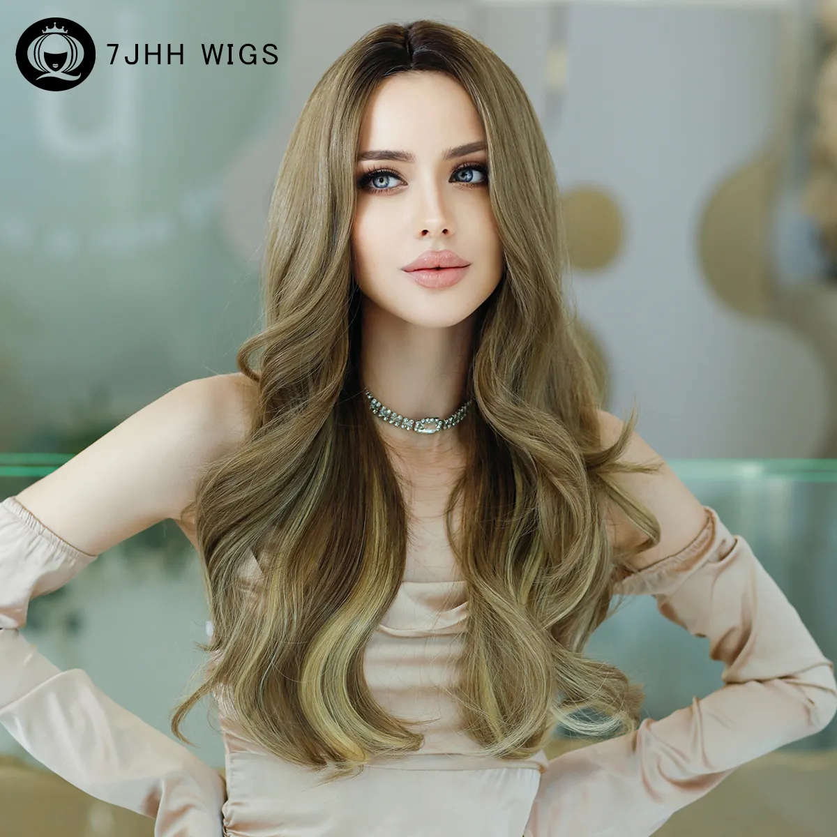 Highlights dark brown Long Wavy Wig with blonde Middle Part Synthetic Heart Resiatant Wig for Women Curly Hair Wig 24 Inches