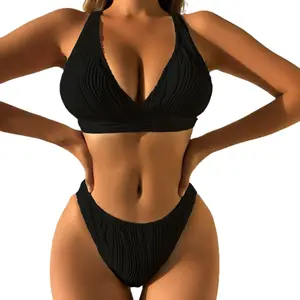Bikinis de playa de tela nueva de alta calidad, venta al por mayor, trajes de baño sólidos con vendaje en V profundo, LOGOTIPO personalizado y estilos de baño