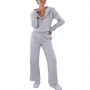 Ensemble de survêtement tendance pour femme, 2 pièces, sweat à capuche court zippé et pantalon de survêtement, 100% coton, 320 GSM, molleton brossé à l'intérieur, directement de l'usine - Product Image 4