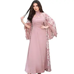 Manufacture Eid dot pink long sleeve evening turkey muslim dress women abaya 2 piece set party muslim women dress sexy