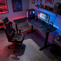 Bureau de jeu ergonomique en forme de L avec éclairage RGB, design moderne, plateau en MDF, pieds en tube d'acier, porte-gobelet et crochet pour casque