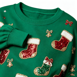Sweat-shirt en coton French Terry vert à col rond 360 g/m² pour femme, broderie de paillettes de Noël, vente chaude - Product Image 3