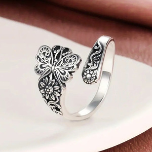 T0611 Anillo de plata con flor, estilo vintage, joyería de moda unisex, regalo para ella o él - Product Image 2